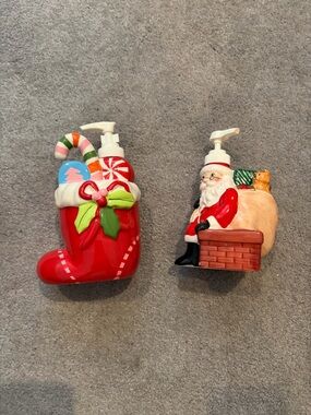 Holiday Ceramic Soap Dispensers — Set of 2 - Xmas Stocking & Santa on Chimney